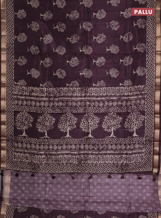 Semi tussar saree wine shade with tree butta prints and zari woven border
