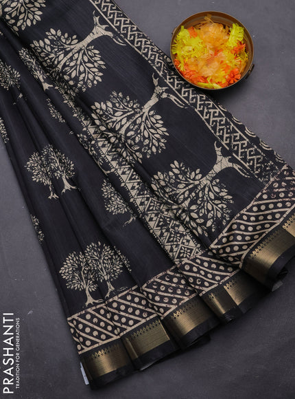 Semi tussar saree elephant grey with tree butta prints and zari woven border