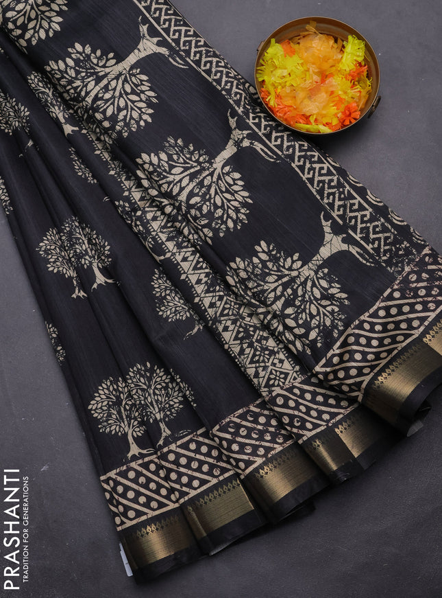 Semi tussar saree elephant grey with tree butta prints and zari woven border