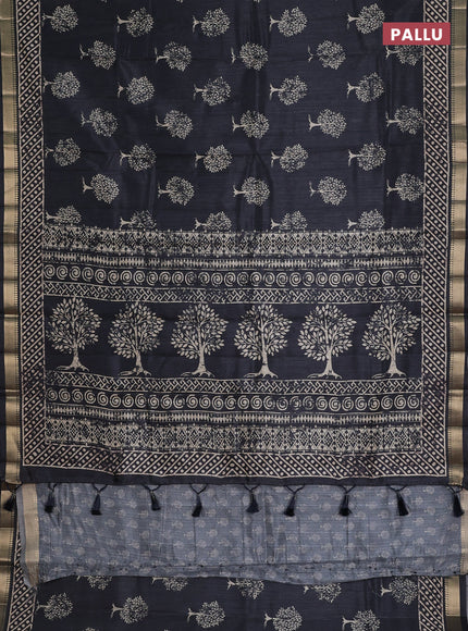 Semi tussar saree elephant grey with tree butta prints and zari woven border