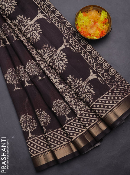Semi tussar saree deep coffee brown with tree butta prints and zari woven border
