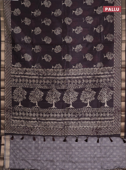 Semi tussar saree deep coffee brown with tree butta prints and zari woven border