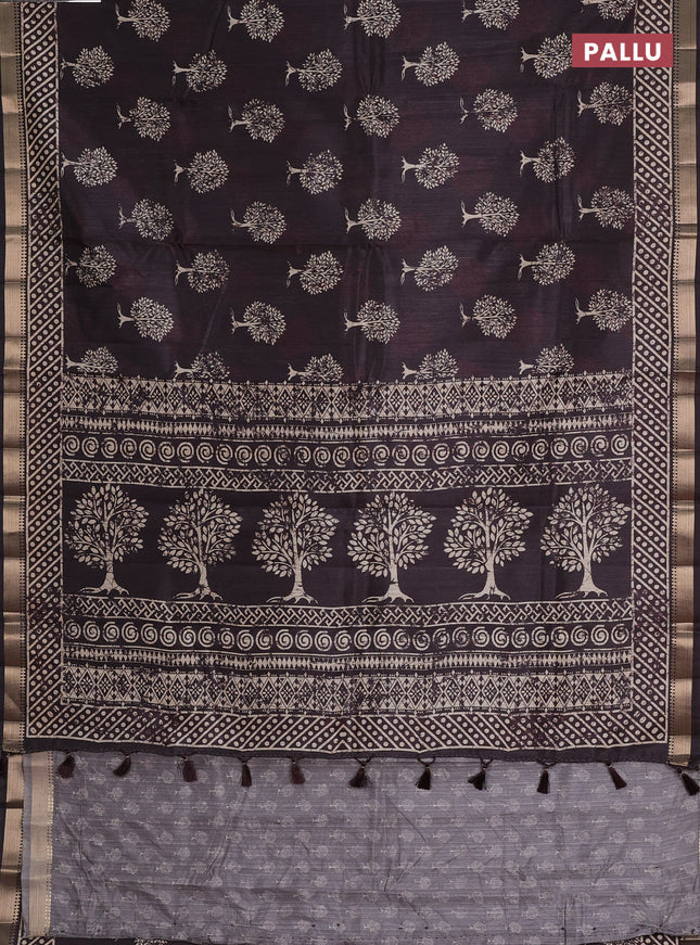 Semi tussar saree deep coffee brown with tree butta prints and zari woven border