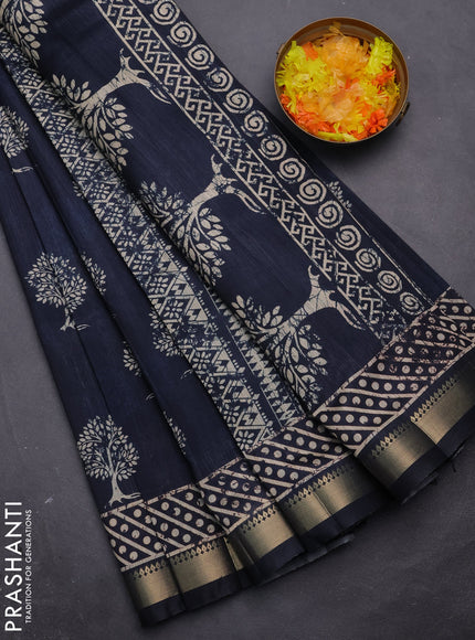 Semi tussar saree peacock blue with tree butta prints and zari woven border