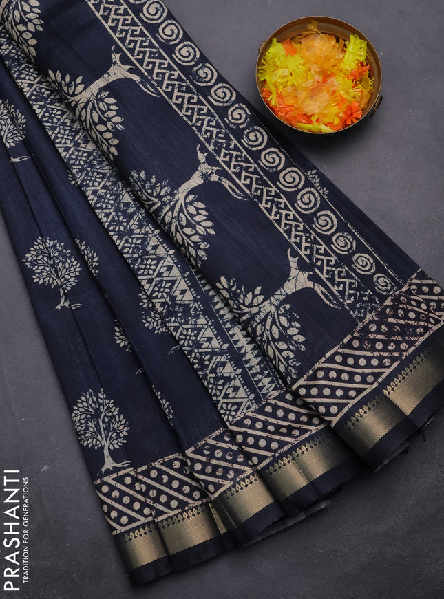 Semi tussar saree peacock blue with tree butta prints and zari woven border