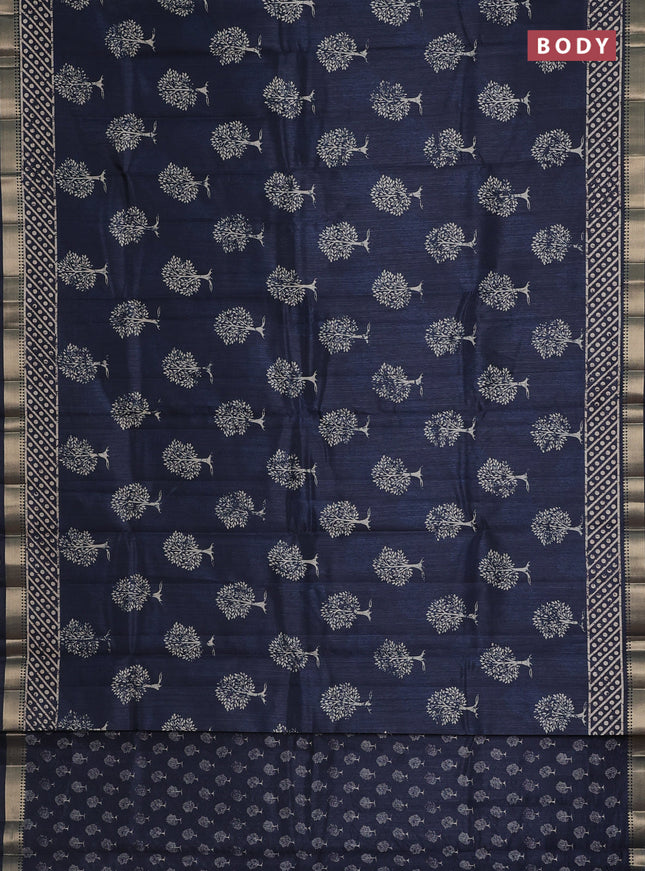 Semi tussar saree peacock blue with tree butta prints and zari woven border