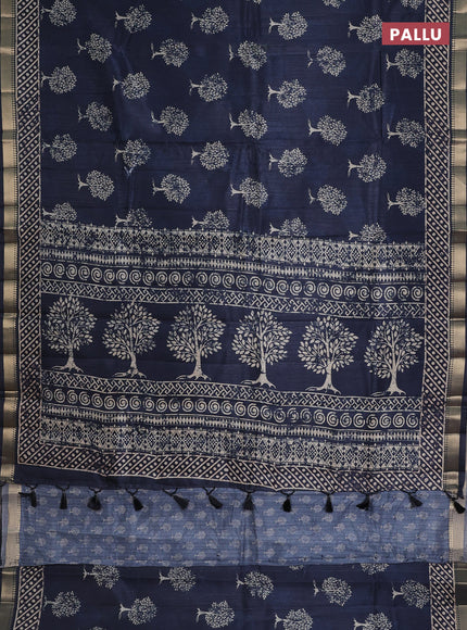 Semi tussar saree peacock blue with tree butta prints and zari woven border