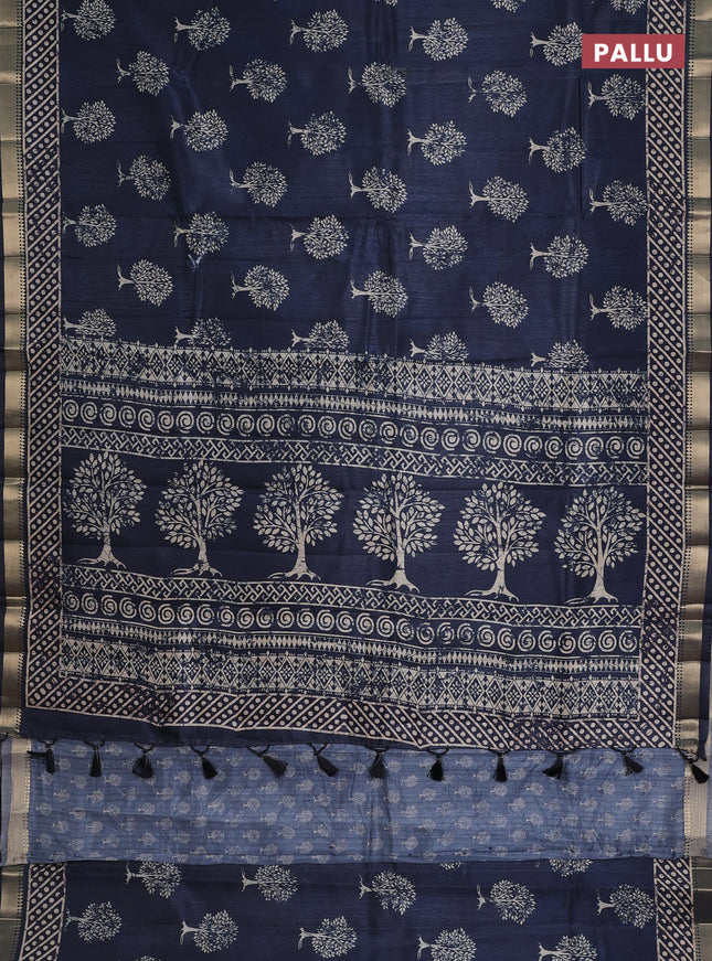 Semi tussar saree peacock blue with tree butta prints and zari woven border