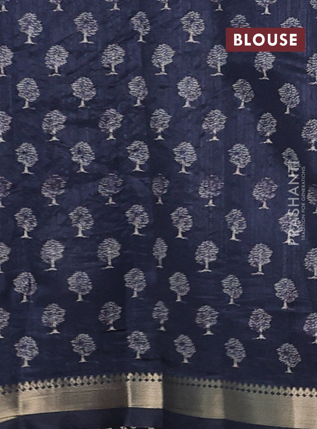 Semi tussar saree peacock blue with tree butta prints and zari woven border