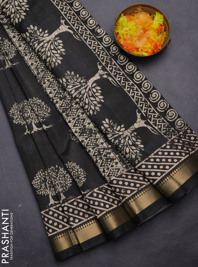 Semi tussar saree grey with tree butta prints and zari woven border