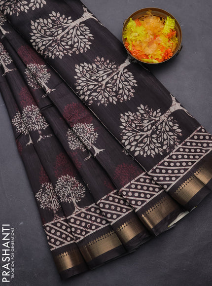 Semi tussar saree elephant grey with tree butta prints and zari woven border
