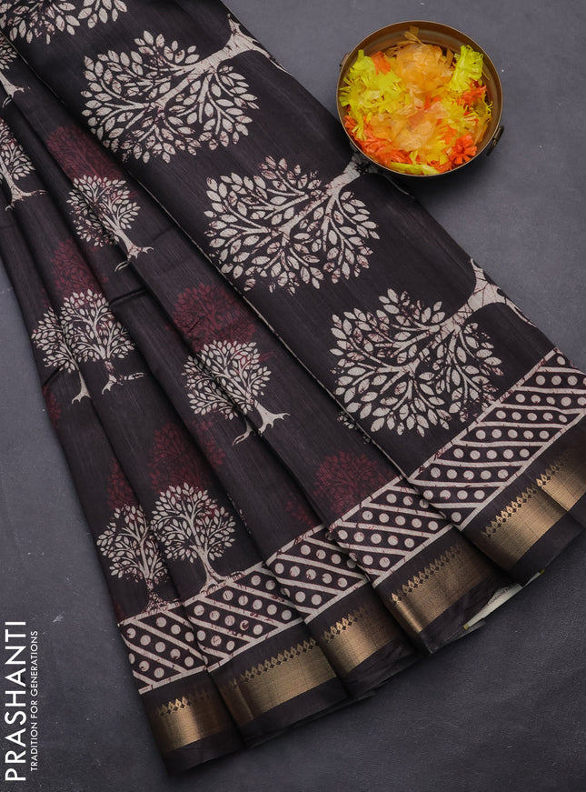 Semi tussar saree elephant grey with tree butta prints and zari woven border