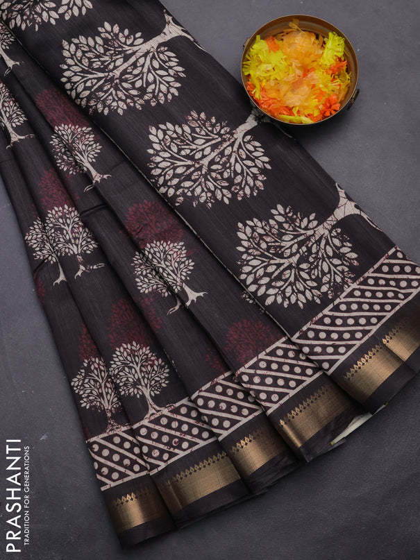 Semi tussar saree elephant grey with tree butta prints and zari woven border