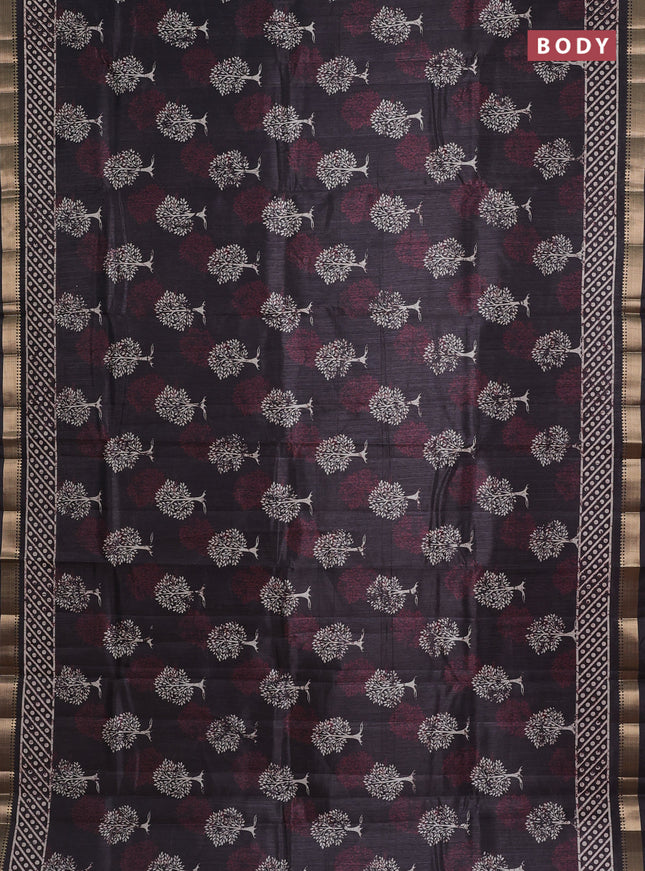 Semi tussar saree elephant grey with tree butta prints and zari woven border