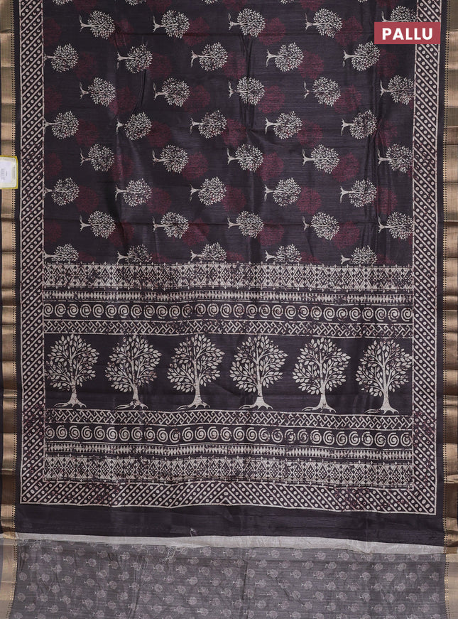Semi tussar saree elephant grey with tree butta prints and zari woven border