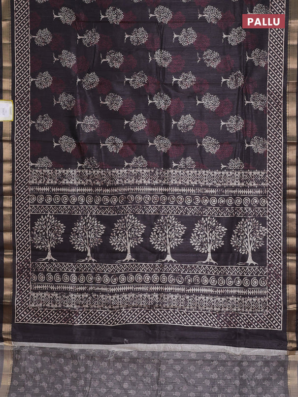 Semi tussar saree elephant grey with tree butta prints and zari woven border