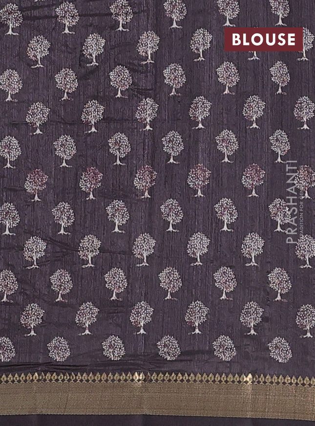 Semi tussar saree elephant grey with tree butta prints and zari woven border