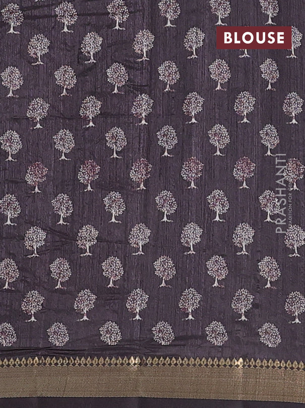 Semi tussar saree elephant grey with tree butta prints and zari woven border