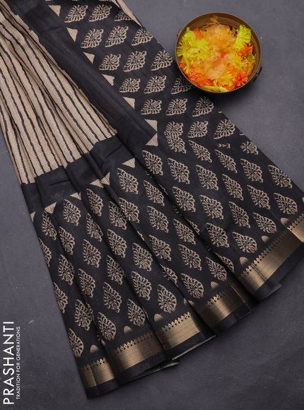 Semi tussar saree beige and black with stripes pattern and zari woven border