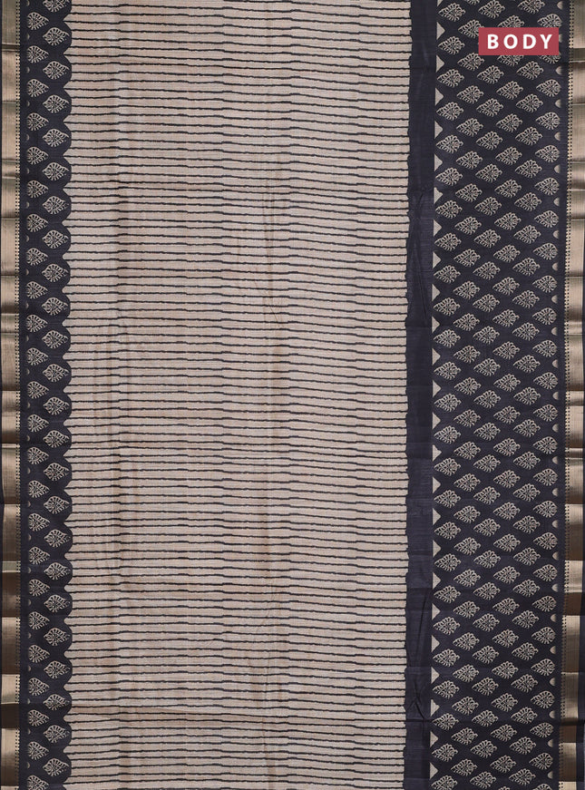 Semi tussar saree beige and black with stripes pattern and zari woven border