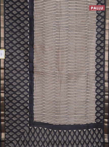 Semi tussar saree beige and black with stripes pattern and zari woven border