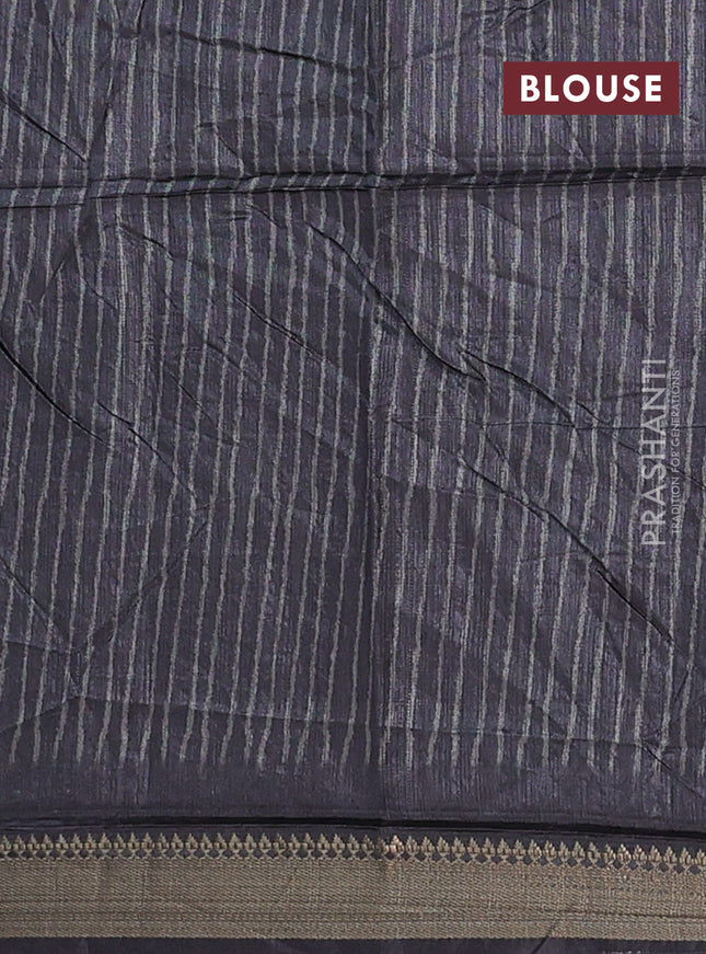 Semi tussar saree beige and black with stripes pattern and zari woven border