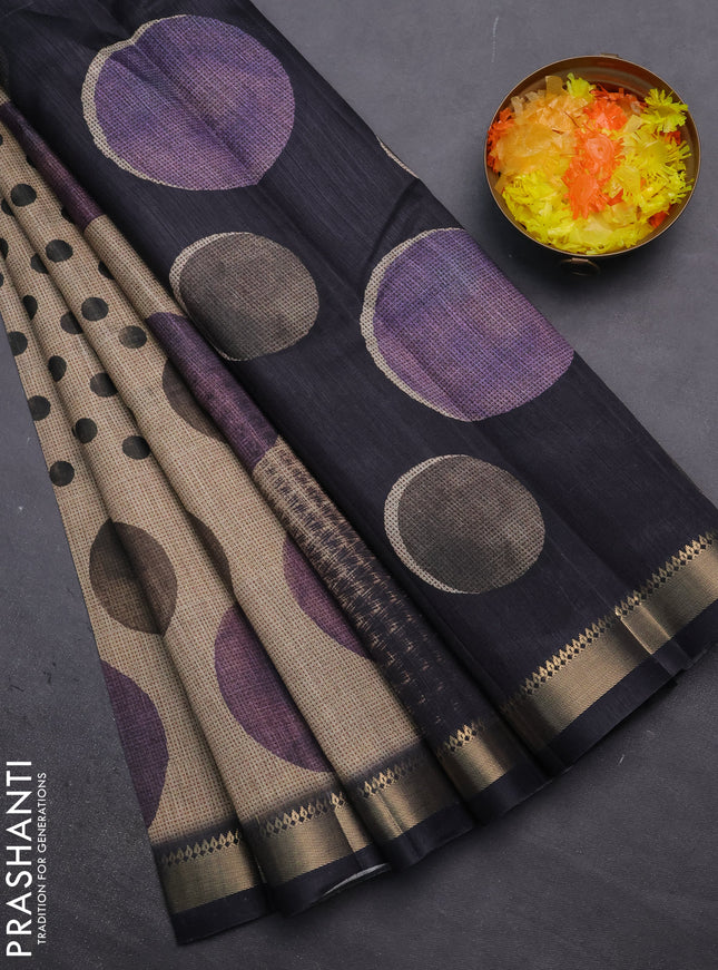 Semi tussar saree sandal and elephant grey with butta prints and zari woven border