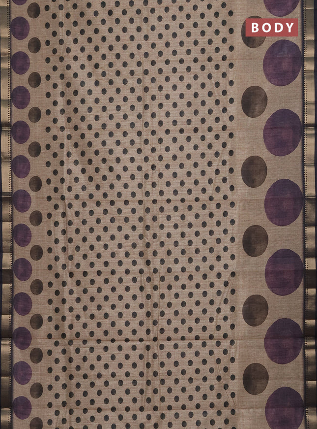 Semi tussar saree sandal and elephant grey with butta prints and zari woven border