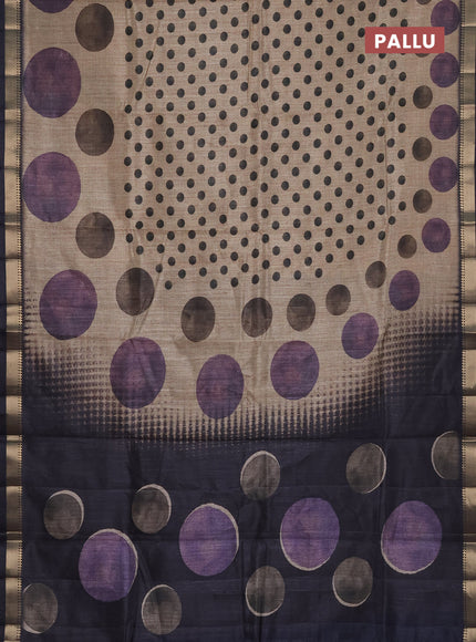 Semi tussar saree sandal and elephant grey with butta prints and zari woven border