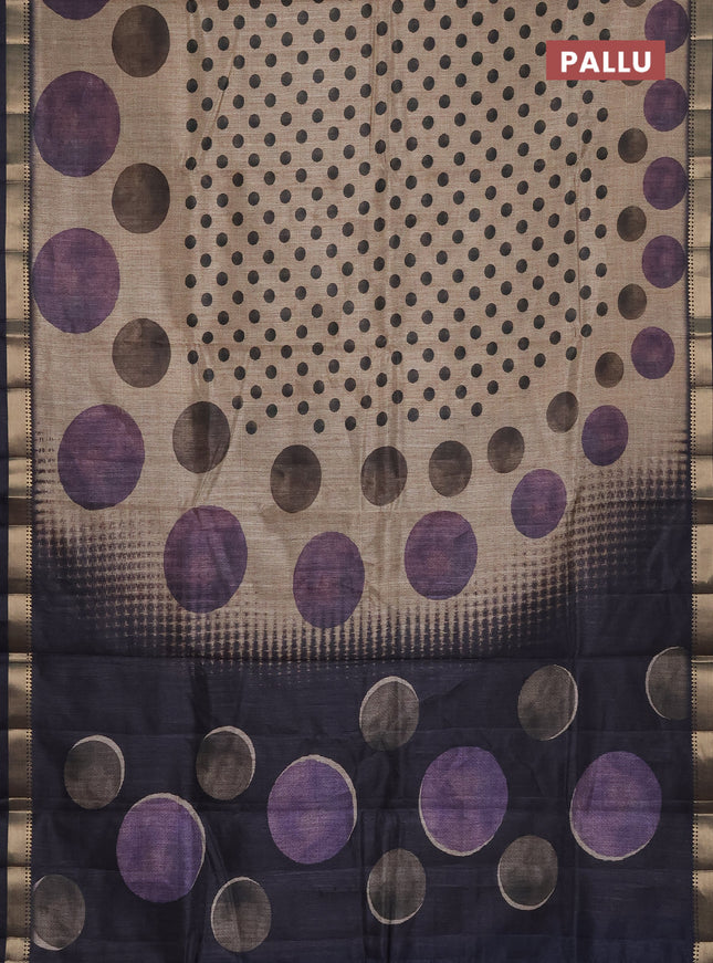 Semi tussar saree sandal and elephant grey with butta prints and zari woven border