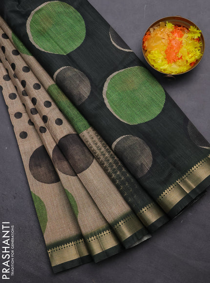 Semi tussar saree sandal and sap green with butta prints and zari woven border