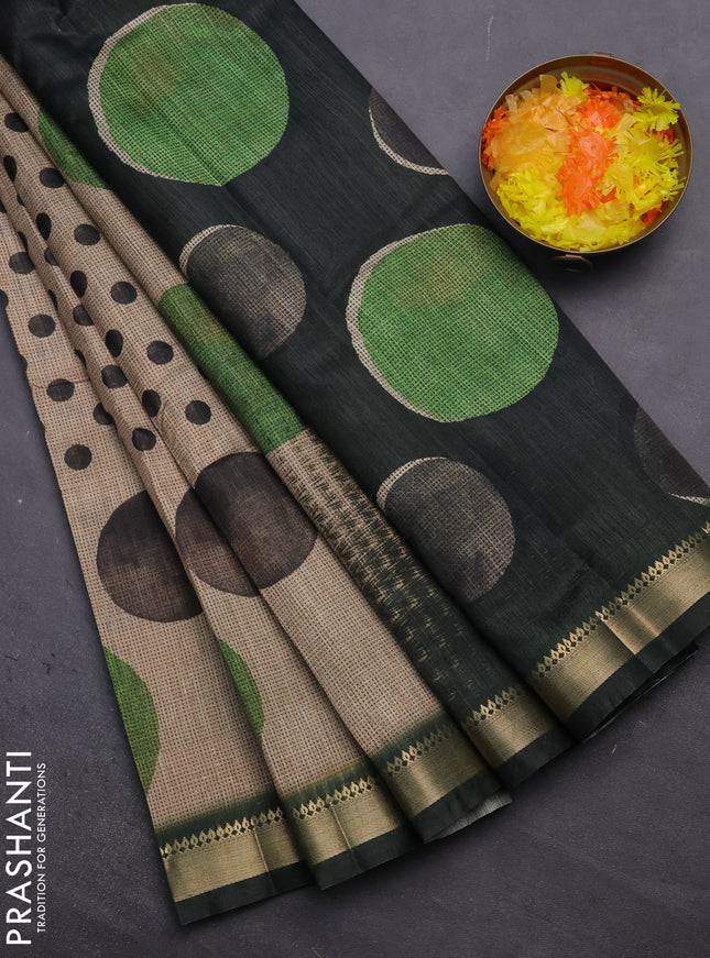 Semi tussar saree sandal and sap green with butta prints and zari woven border