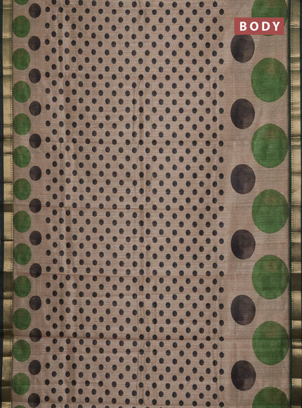 Semi tussar saree sandal and sap green with butta prints and zari woven border