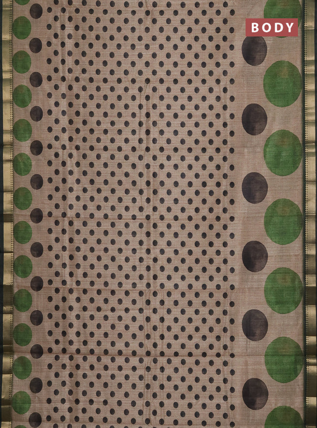 Semi tussar saree sandal and sap green with butta prints and zari woven border