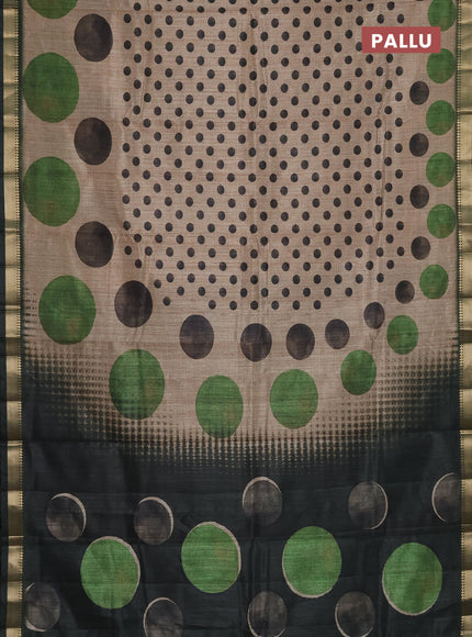 Semi tussar saree sandal and sap green with butta prints and zari woven border