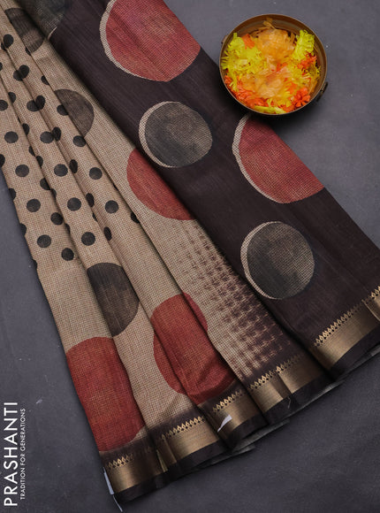 Semi tussar saree sandal and coffee brown with butta prints and zari woven border