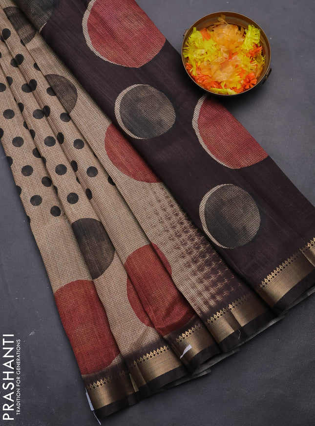 Semi tussar saree sandal and coffee brown with butta prints and zari woven border