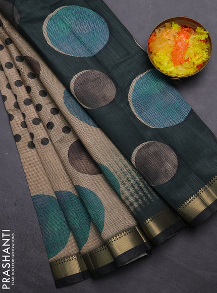 Semi tussar saree sandal and black with butta prints and zari woven border