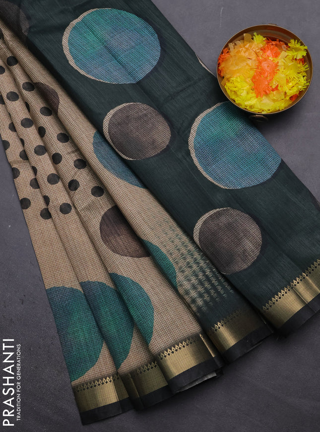 Semi tussar saree sandal and black with butta prints and zari woven border