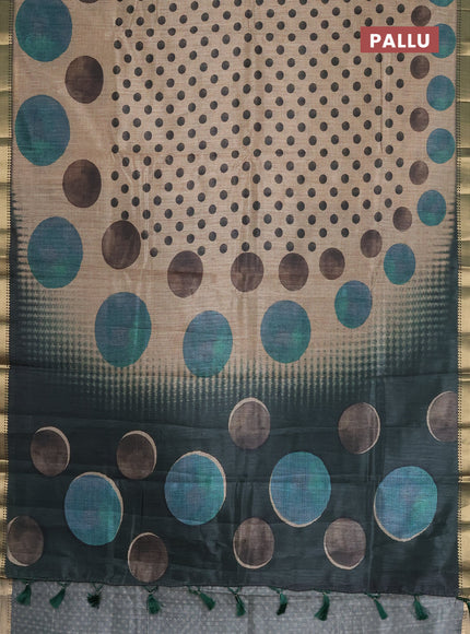 Semi tussar saree sandal and black with butta prints and zari woven border