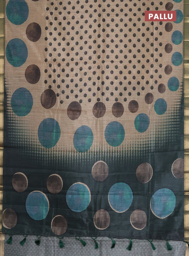 Semi tussar saree sandal and black with butta prints and zari woven border