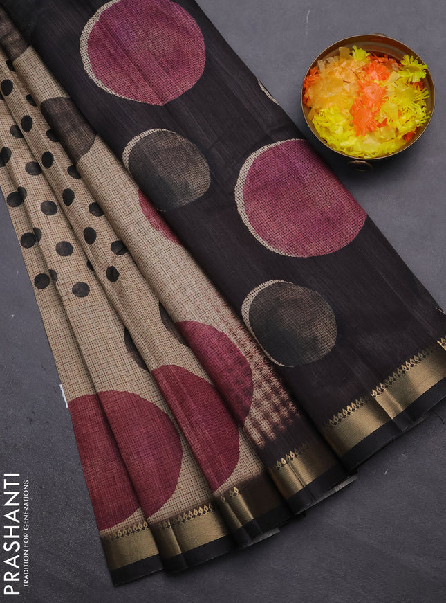 Semi tussar saree sandal and black with butta prints and zari woven border