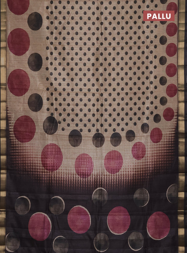 Semi tussar saree sandal and black with butta prints and zari woven border