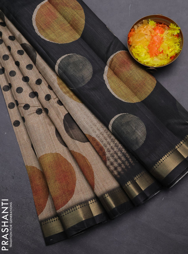 Semi tussar saree sandal and elephant grey with butta prints and zari woven border