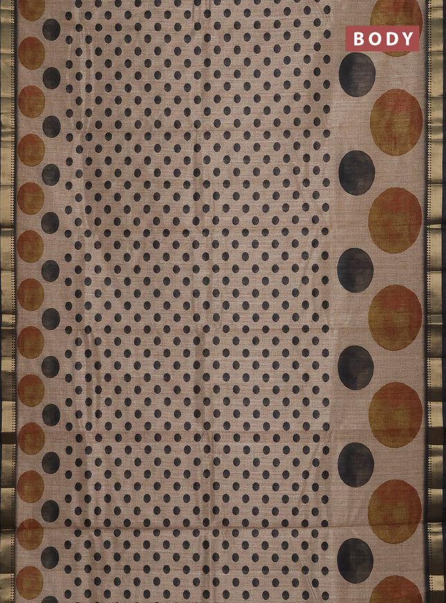 Semi tussar saree sandal and elephant grey with butta prints and zari woven border