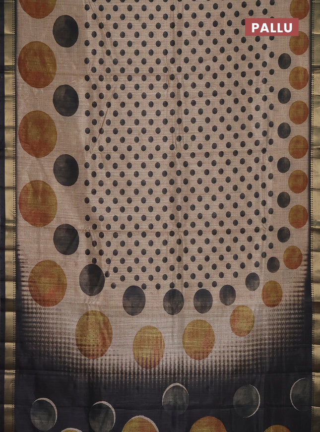 Semi tussar saree sandal and elephant grey with butta prints and zari woven border