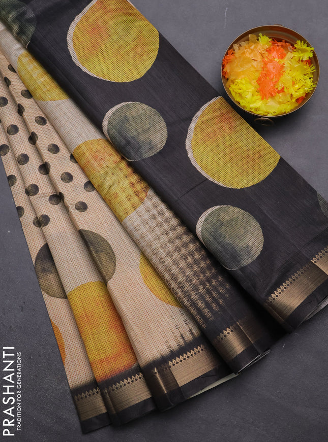 Semi tussar saree sandal and black with butta prints and zari woven border