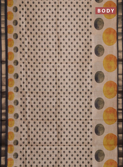 Semi tussar saree sandal and black with butta prints and zari woven border