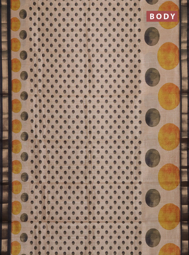 Semi tussar saree sandal and black with butta prints and zari woven border