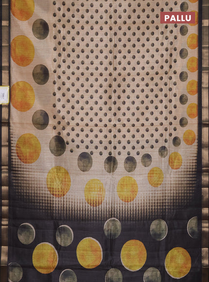 Semi tussar saree sandal and black with butta prints and zari woven border